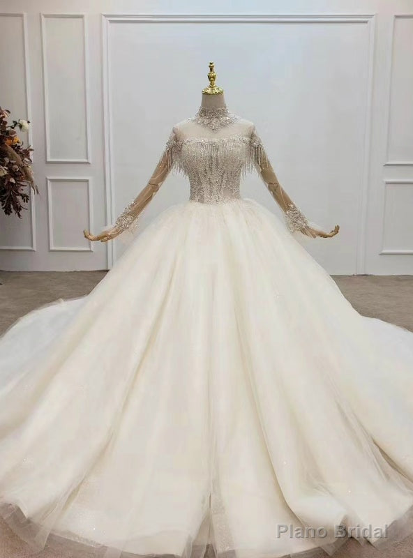 Light Champagne Ball Gown Tulle High Neck Long Sleeve Wedding Dress Main image