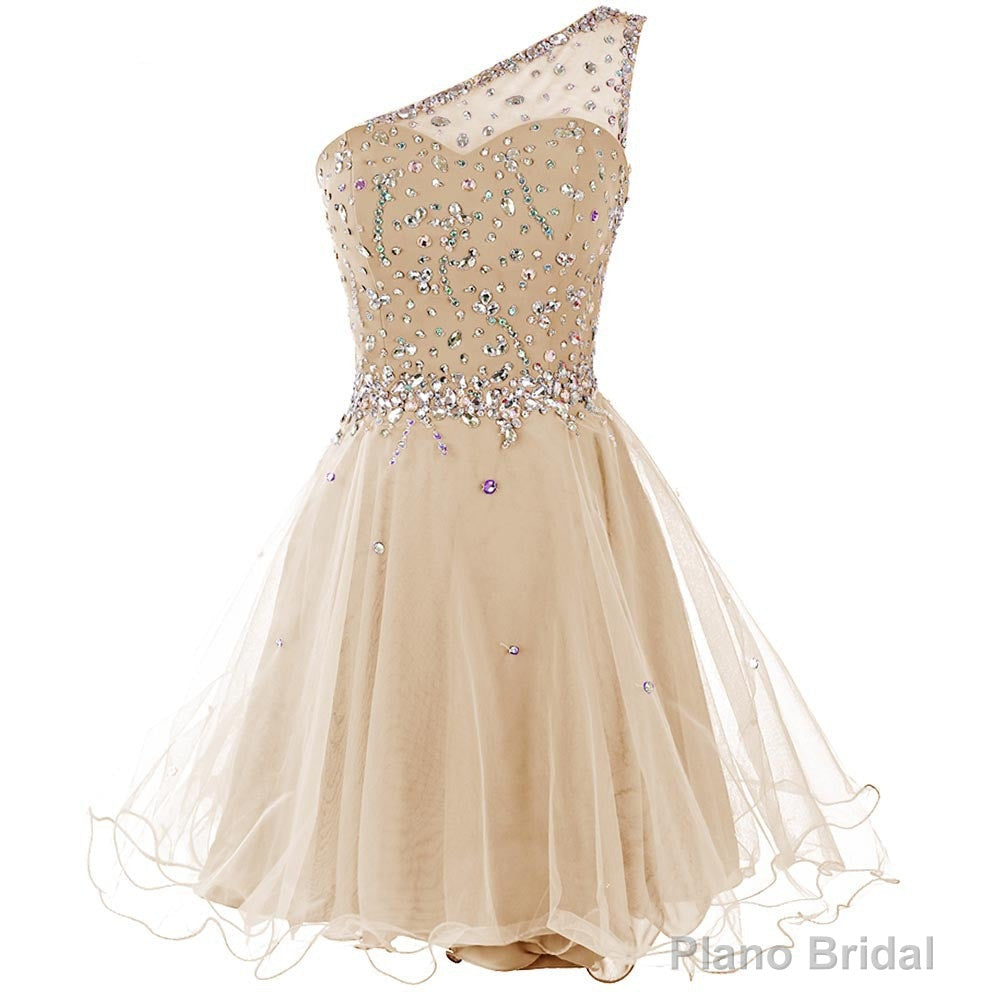 Light Champagne Beaded One Shoulder Chic Homecoming Dresses, Short Party Dress Prom Dresses Main image