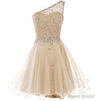 Light Champagne Beaded One Shoulder Chic Homecoming Dresses, Short Party Dress Prom Dresses