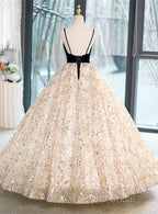 Light Champagne Beaded V-Neckline Party Dresses, Cute Straps Long Formal Prom Dresses
