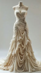 Light Champagne Chiffon Ruffle Formal Prom Dresses With Applique Beads,