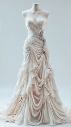 Light Champagne Chiffon Ruffle Formal Prom Dresses With Applique Beads,