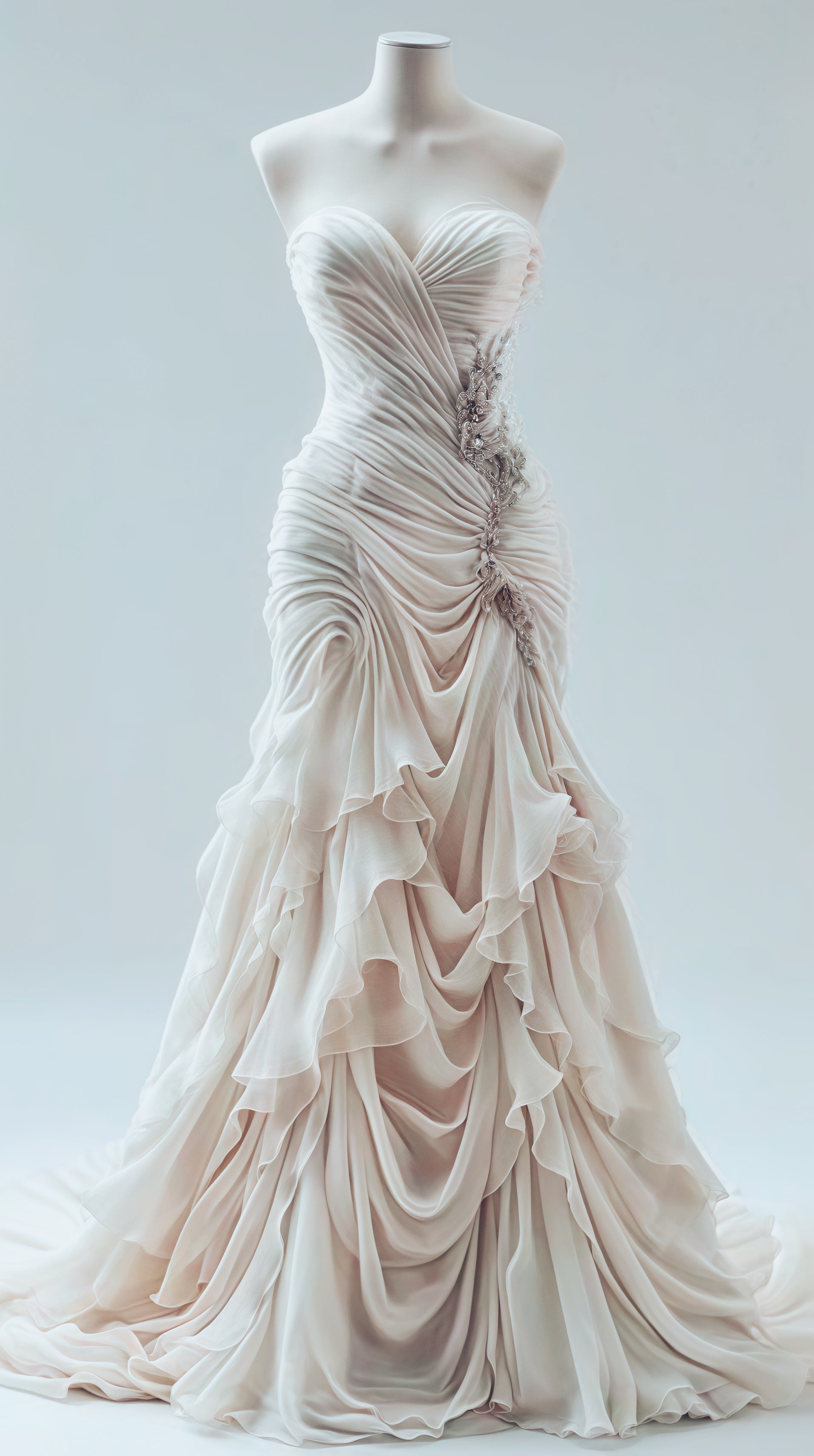 Light Champagne Chiffon Ruffle Formal Prom Dresses With Applique Beads,