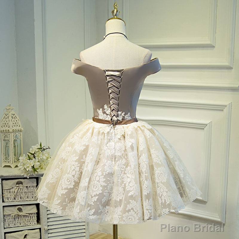 Light Champagne Lace and Satin Off Shoulder Party Dress Homecoming Dress, Short Prom Dress