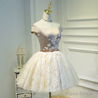 Light Champagne Lace and Satin Off Shoulder Party Dress Homecoming Dress, Short Prom Dress