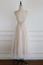 Light Champagne Lace Straps Sweetheart Party Dresses Formal Dresses, Tea Length Wedding Party Dresses