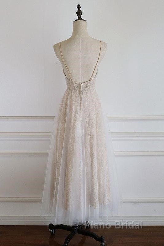 Light Champagne Lace Straps Sweetheart Party Dresses Formal Dresses, Tea Length Wedding Party Dresses