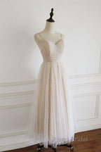 Light Champagne Lace Straps Sweetheart Party Dresses Formal Dresses, Tea Length Wedding Party Dresses