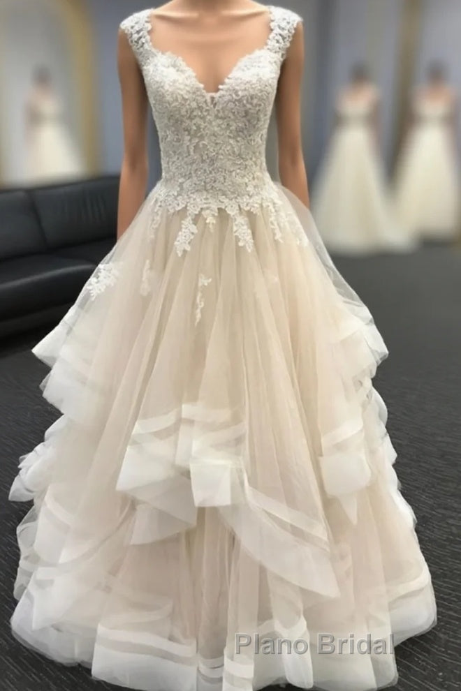 Light champagne lace tulle long wedding dress, lace evening dress Main image