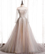 Light Champagne Long Prom Dress, A line Sequin Formal Evening Party Dress
