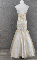 Light Champagne Mermaid Sweetheart Neck Beaded Tulle Long Ball Dresses Vintage Evening Dresses
