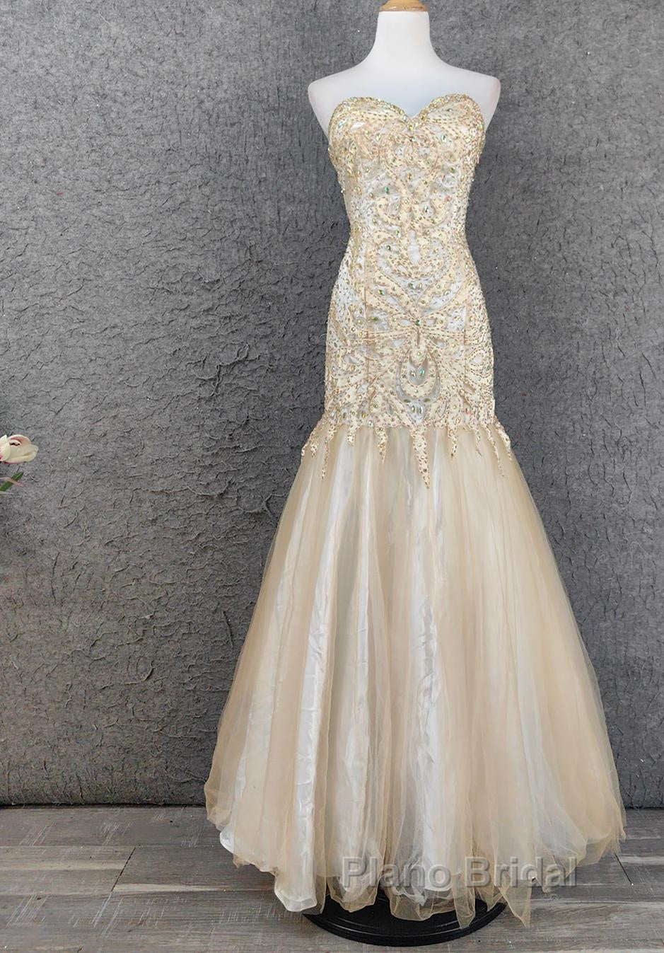 Light Champagne Mermaid Sweetheart Neck Beaded Tulle Long Ball Dresses Vintage Evening Dresses