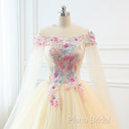 Light Champagne Off Shoulder Tulle With Flowers Formal Gown, Long Sweet 16 Dresses