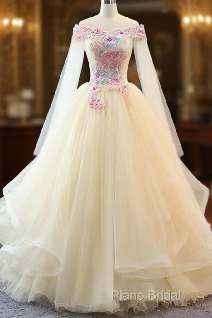 Light Champagne Off Shoulder Tulle With Flowers Formal Gown, Long Sweet 16 Dresses