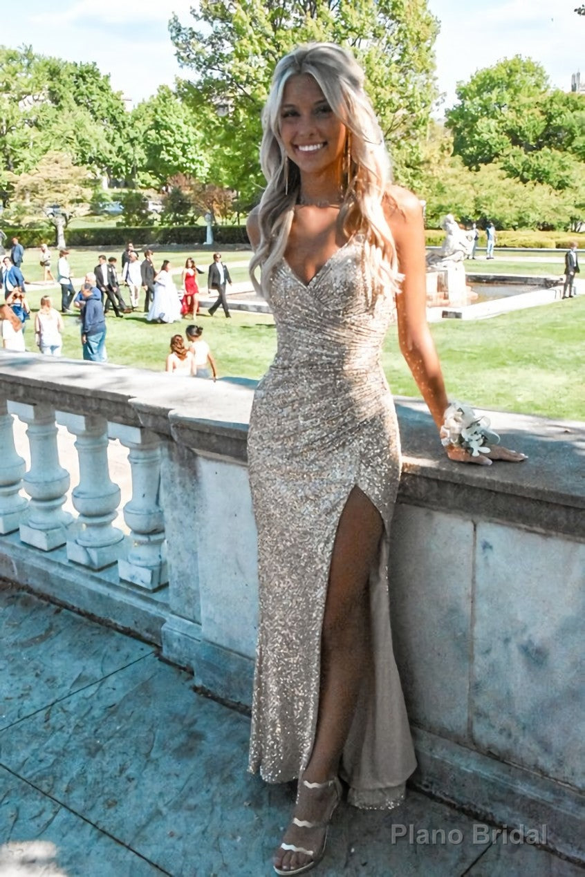 Light champagne sequin prom dresses, evening dresses,party dresses, sexy formal dress Main image