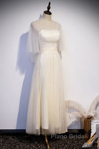 Light Champagne Short Sleeves Long Wedding Party Dresses, Cute Formal Prom Dresses