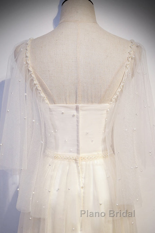 Light Champagne Short Sleeves Long Wedding Party Dresses, Cute Formal Prom Dresses