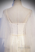 Light Champagne Short Sleeves Long Wedding Party Dresses, Cute Formal Prom Dresses