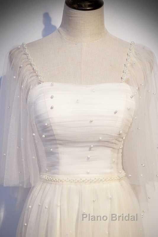 Light Champagne Short Sleeves Long Wedding Party Dresses, Cute Formal Prom Dresses