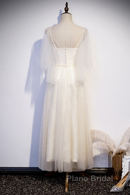 Light Champagne Short Sleeves Long Wedding Party Dresses, Cute Formal Prom Dresses