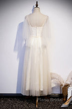 Light Champagne Short Sleeves Long Wedding Party Dresses, Cute Formal Prom Dresses