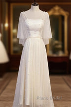 Light Champagne Short Sleeves Long Wedding Party Dresses, Cute Formal Prom Dresses