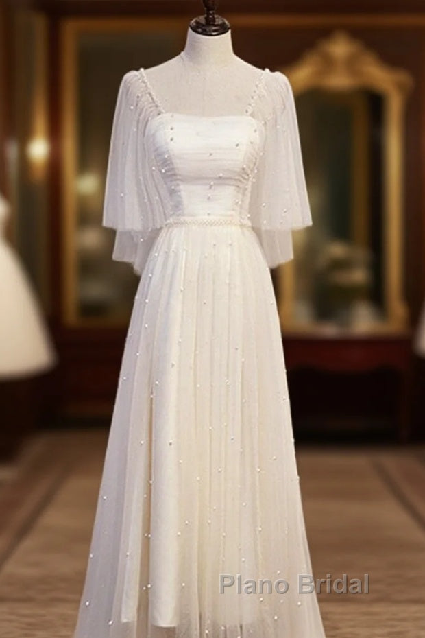 Light Champagne Short Sleeves Long Wedding Party Dresses, Cute Formal Prom Dresses Main image