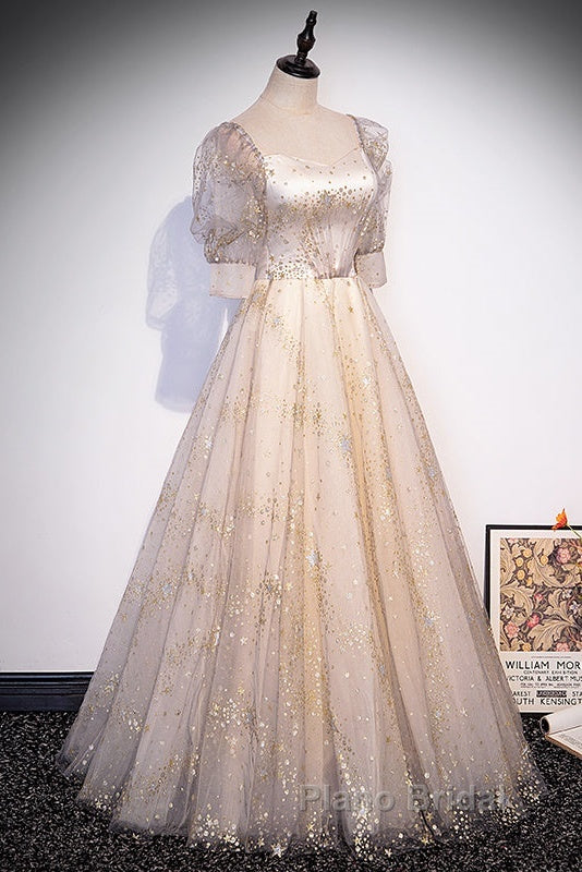Light Champagne Short Sleeves Tulle Long Formal Dresses, A-Line Floor Length Party Dresses Secondary image