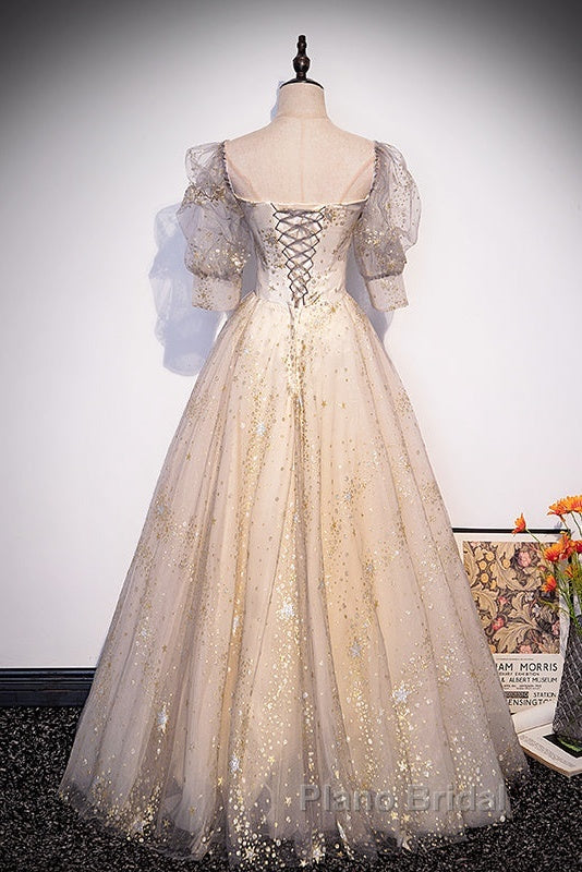 Light Champagne Short Sleeves Tulle Long Formal Dresses, A-Line Floor Length Party Dresses