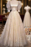 Light Champagne Short Sleeves Tulle Long Formal Dresses, A-Line Floor Length Party Dresses