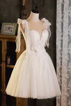 Light Champagne Spaghetti Strap Short Formal Prom Dresses, Cute A-Line Tulle Evening Party Dresses