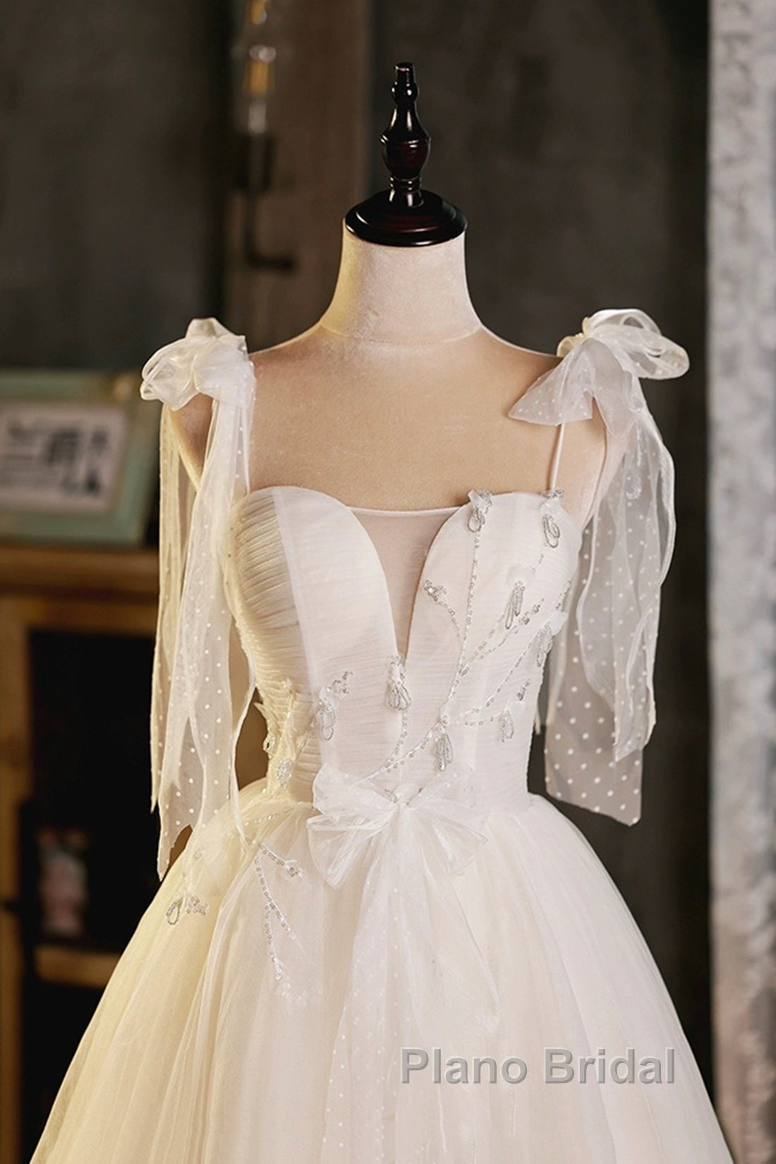 Light Champagne Spaghetti Strap Short Formal Prom Dresses, Cute A-Line Tulle Evening Party Dresses