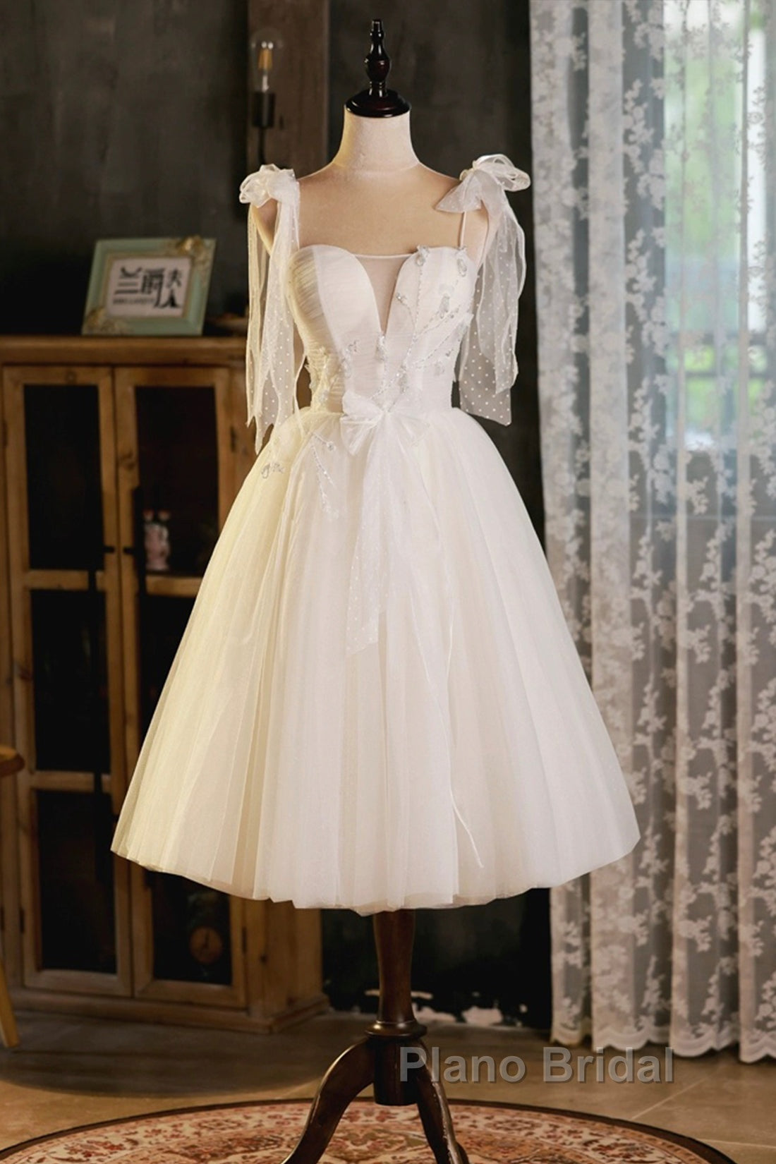 Light Champagne Spaghetti Strap Short Formal Prom Dresses, Cute A-Line Tulle Evening Party Dresses
