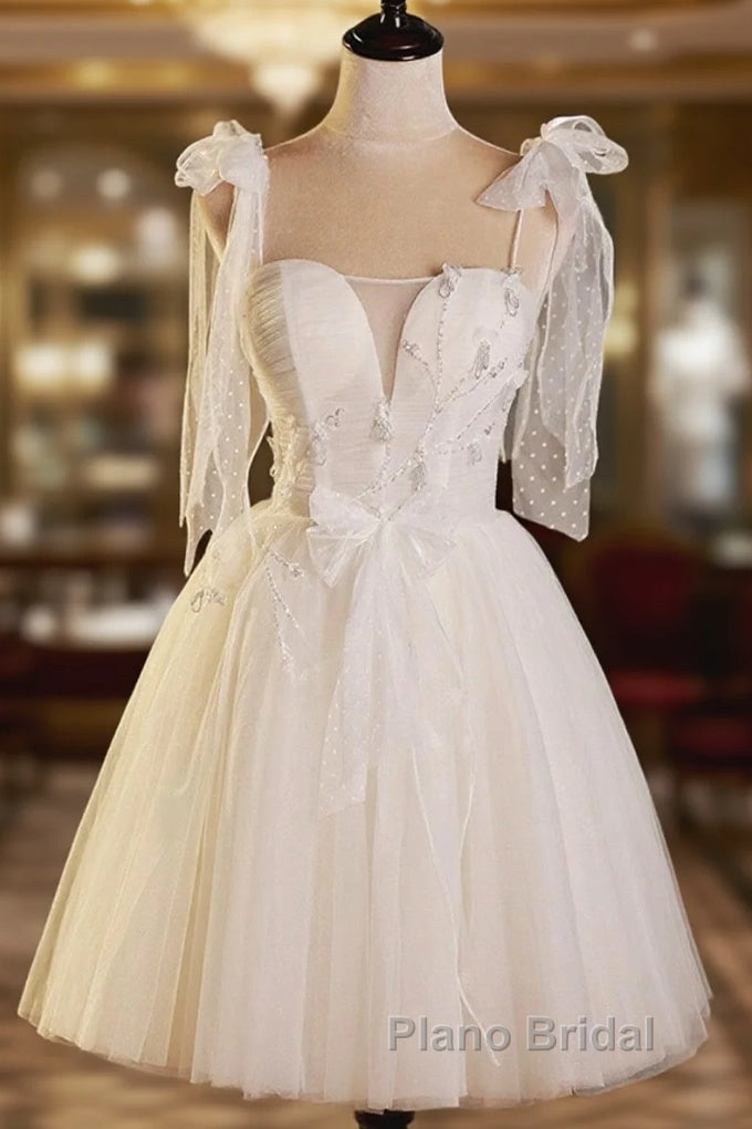 Light Champagne Spaghetti Strap Short Formal Prom Dresses, Cute A-Line Tulle Evening Party Dresses