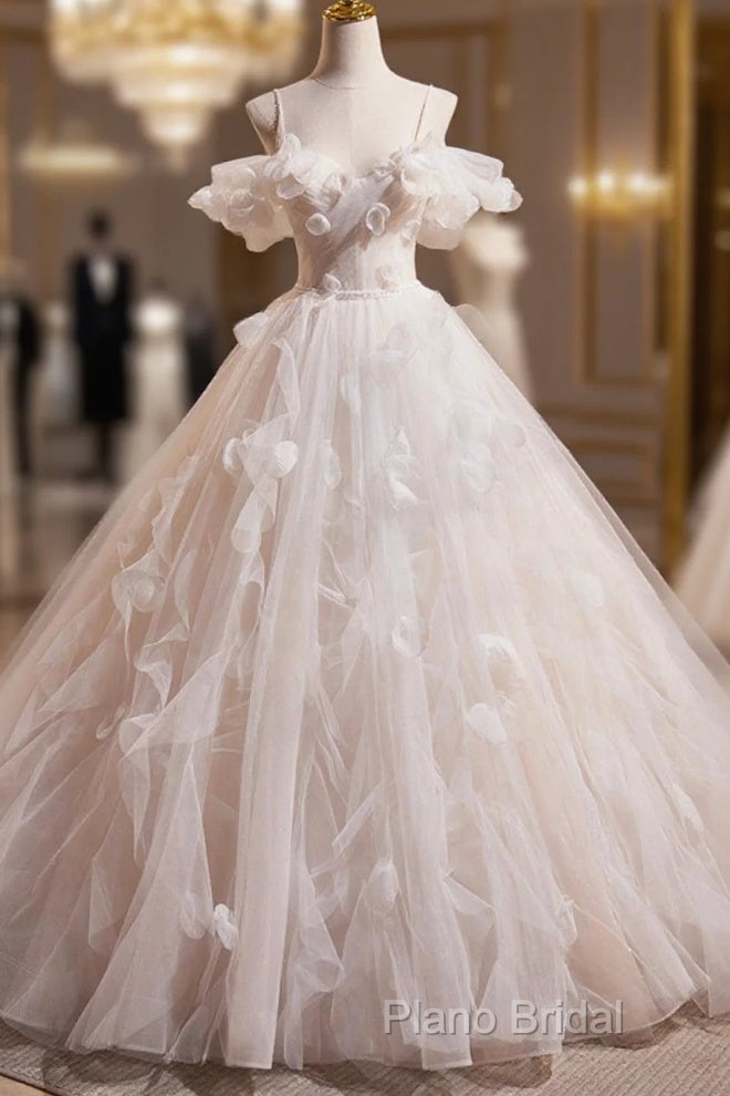 Light Champagne Spaghetti Strap Tulle Long Formal Prom Dresses, Beautiful A-Line Formal Dresses