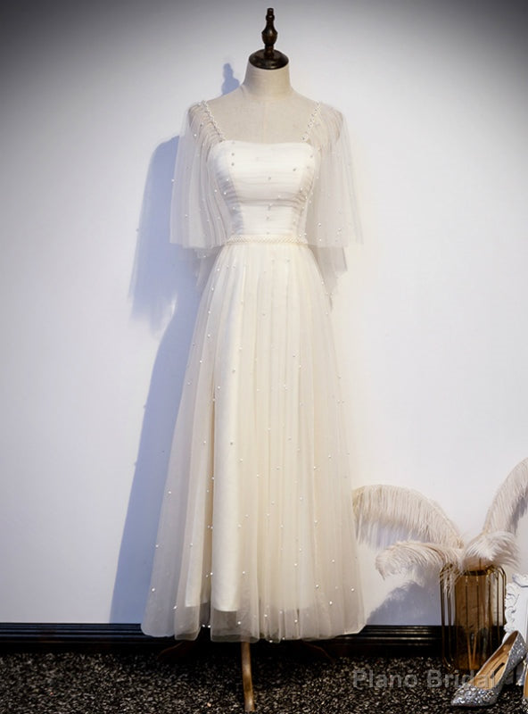 Light Champagne Square Short Sleeve Pearls Prom Dress Main image