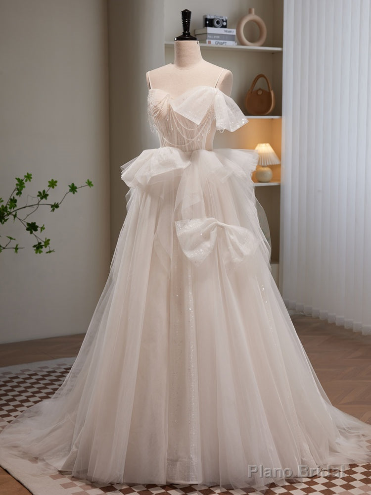 Light Champagne Tulle Beading Long Prom Dress, Light Champagne Formal Dress Main image