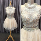 Light Champagne Tulle Lace Beading Homecoming Dresses Two Piece Style
