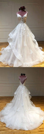 Light Champagne Tulle Lace Long Formal Prom Dresses Lace Long Wedding Dresses