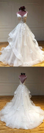 Light Champagne Tulle Lace Long Formal Prom Dresses Lace Long Wedding Dresses