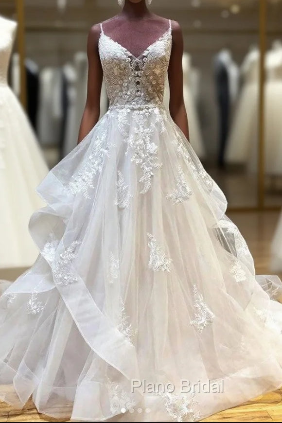 Light Champagne Tulle Lace Long Formal Prom Dresses Lace Long Wedding Dresses