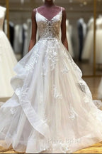 Light Champagne Tulle Lace Long Formal Prom Dresses Lace Long Wedding Dresses
