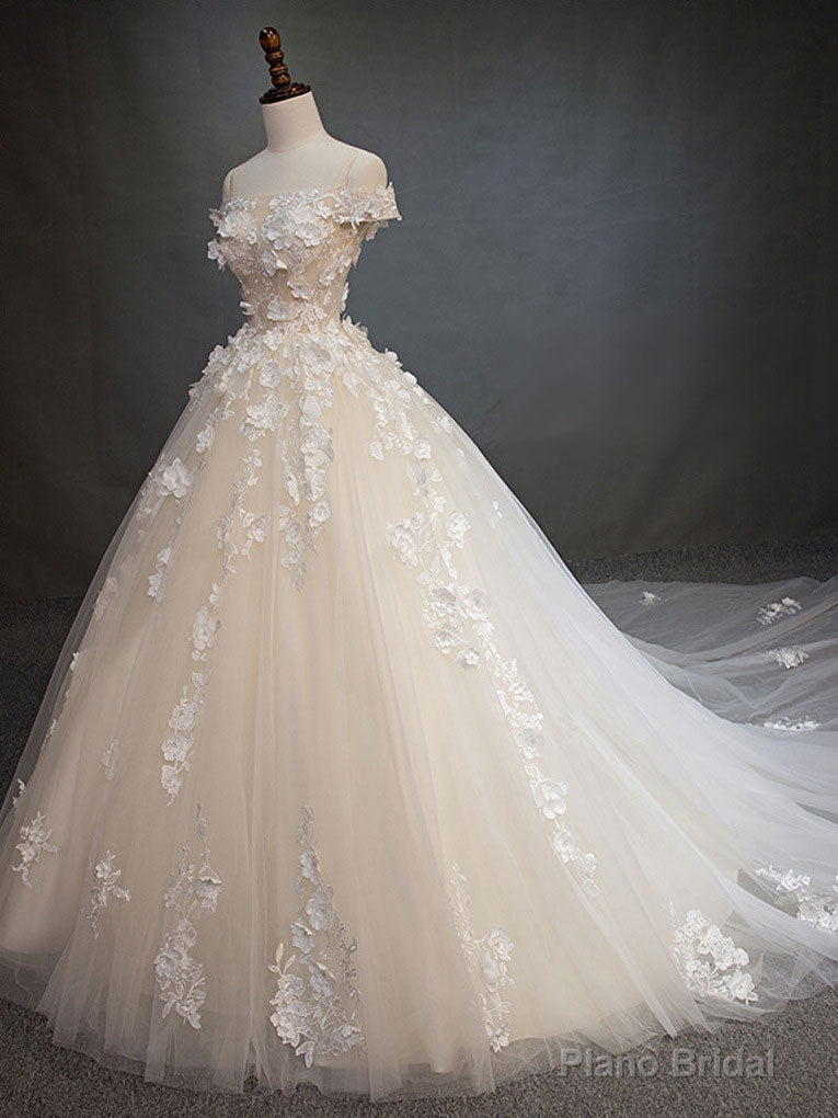 Light Champagne Tulle Lace Long Prom Dress, Lace Tulle Evening Dress Main image