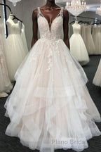 Light champagne tulle lace long Formal Prom dress, tulle evening dress