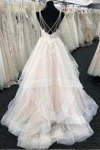 Light champagne tulle lace long Formal Prom dress, tulle evening dress