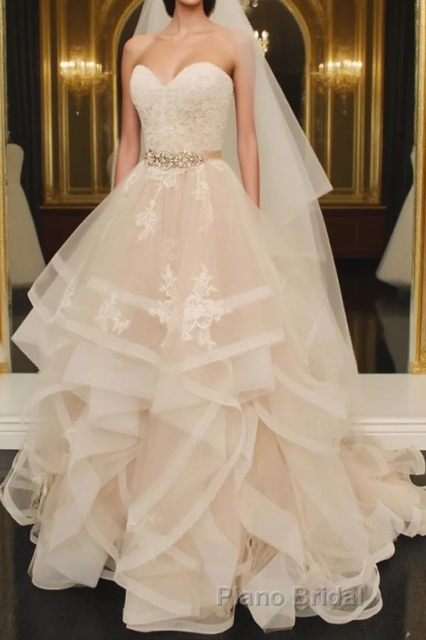 Light champagne tulle lace long Formal Prom dress, tulle lace evening dress Main image