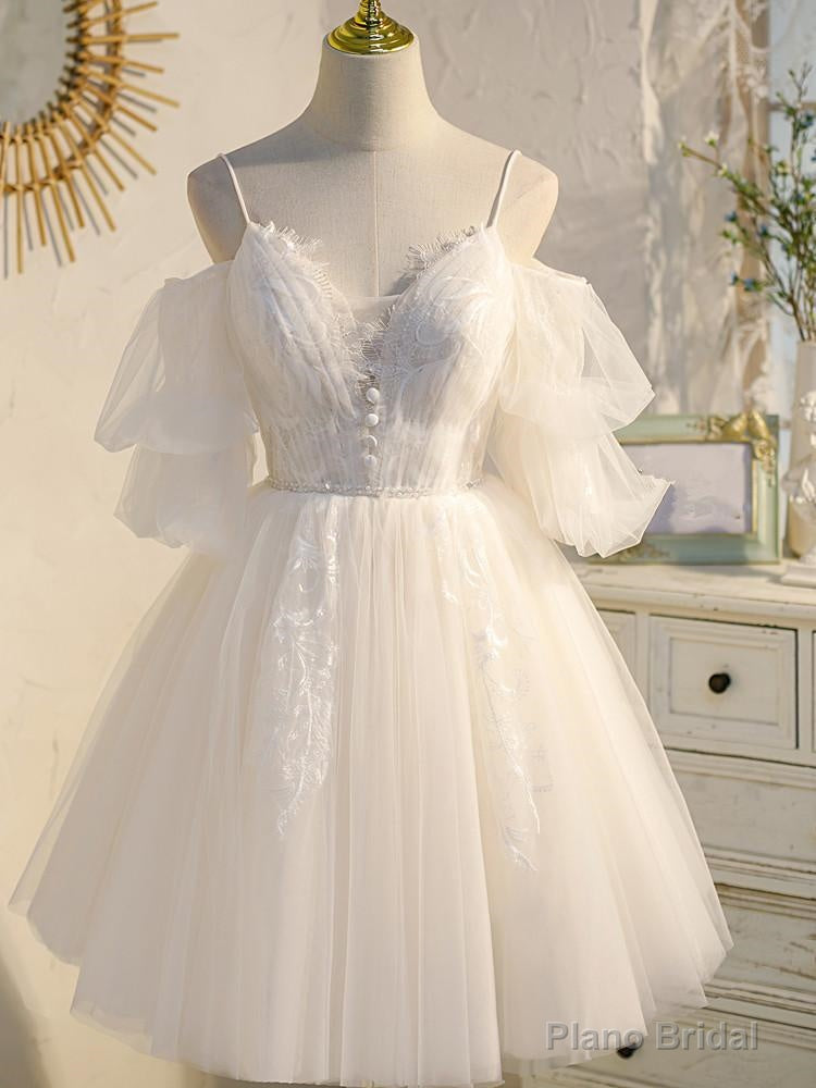 Light champagne tulle lace short prom dress, lace homecoming dress Main image