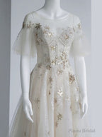 Light Champagne Tulle Sequin Tea Length Prom Dress, Tulle Formal Dress