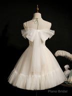 Light Champagne Tulle Short Prom Dress, Puffy Tulle Lace Homecoming Dress