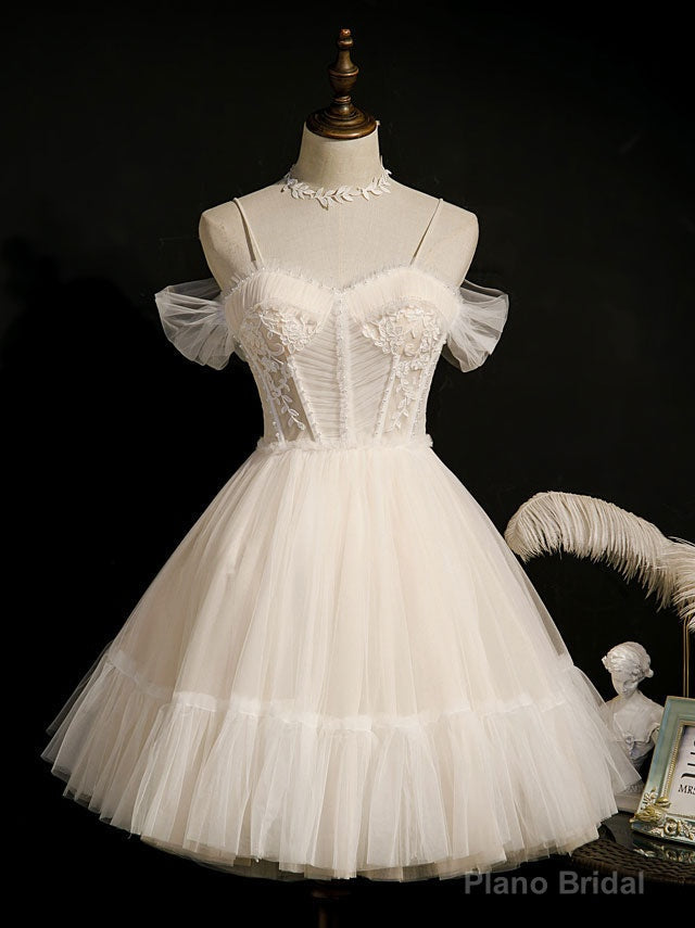 Light Champagne Tulle Short Prom Dress, Puffy Tulle Lace Homecoming Dress Main image